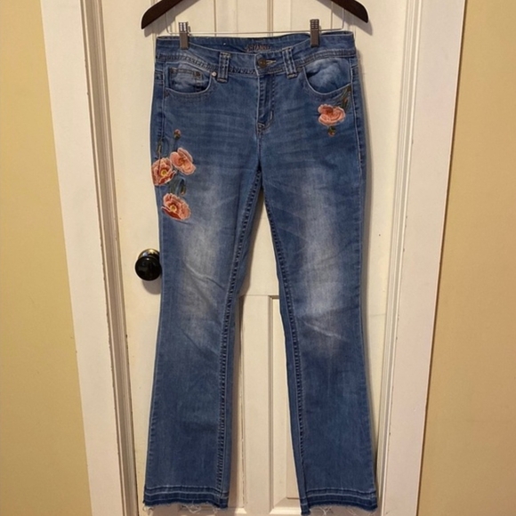 Shyanne Denim - Shyanne Blue Flare Jeans with Pink Floral Embroidery